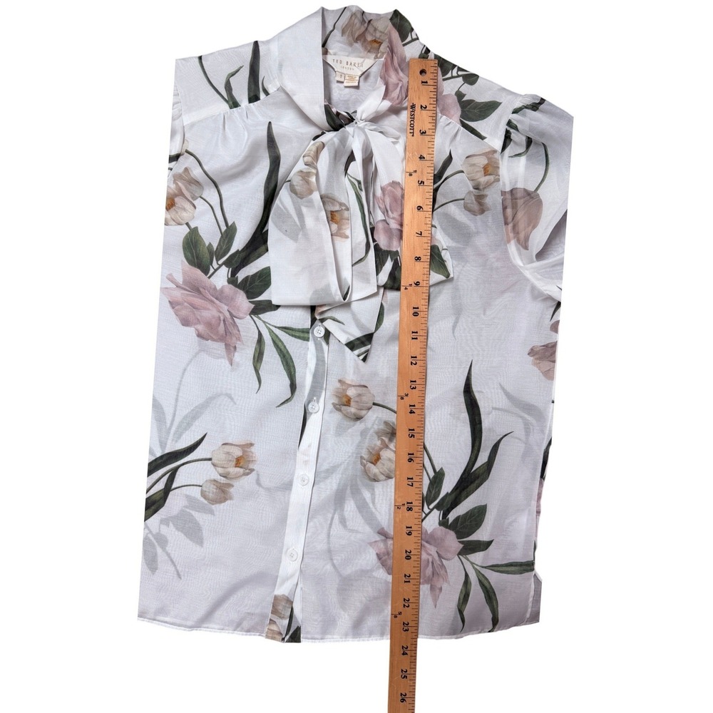 Ted Baker London Floral Tie Bow Blouse White Pink Tulip Print Tie Neck Size 1 - Picture 6 of 6